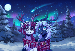 Size: 3240x2208 | Tagged: safe, artist:teaflower300, oc, oc only, alicorn, pony, alicorn oc, antlers, aurora borealis, duo, horn, night, snow, snowfall, wings