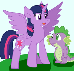 Size: 1120x1075 | Tagged: safe, artist:cmara, spike, twilight sparkle, alicorn, dragon, pony, g4, duo, duo male and female, female, male, mare, twilight sparkle (alicorn), winged spike, wings