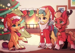 Size: 2571x1823 | Tagged: safe, artist:xiaowu07, derpibooru exclusive, hitch trailblazer, sprout cloverleaf, sunny starscout, earth pony, pony, g5, antlers, bell, christmas, christmas stocking, christmas tree, clothes, colt, colt hitch trailblazer, colt sprout cloverleaf, costume, cute, female, filly, filly sunny starscout, fireplace, foal, happy, hat, hitchbetes, holiday, indoors, male, mare, present, raised hoof, santa costume, santa hat, smiling, sproutbetes, stallion, sunnybetes, tree, younger