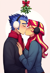 Size: 832x1216 | Tagged: safe, prompter:siren-module, flash sentry, sunset shimmer, equestria girls, g4, christmas, female, holiday, kissing, male, mistletoe, ship:flashimmer, shipping, straight