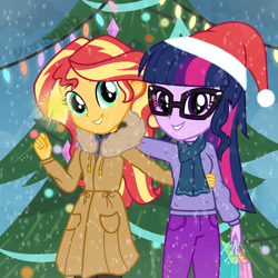 Size: 5000x5000 | Tagged: safe, artist:moogood, sci-twi, sunset shimmer, twilight sparkle, human, equestria girls, g4, absurd resolution, arm behind back, bag, christmas, christmas tree, clothes, coat, complex background, decoration, duo, female, garland, glasses, hand on shoulder, hat, holding each other, holiday, hood, legs together, looking at you, pants, santa hat, scarf, shopping bag, signature, smiling, smiling at you, snow, snowfall, socks, sparkler (firework), sparkles, standing, sweater, thigh highs, tree, vector