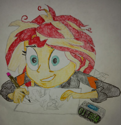 Size: 964x995 | Tagged: safe, artist:the spectres, derpibooru exclusive, sunset shimmer, human, equestria girls, g4, alarm clock, anxiety, clock, clothes, female, jacket, marker drawing, messy hair, nervous, nervous smile, pencil, picture-in-picture, sketch, smiling, solo, traditional art