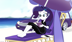 Size: 4296x2556 | Tagged: safe, artist:stephen-fisher, rarity, human, equestria girls, g4, beach, car, clothes, female, solo, surfboard, swimsuit, umbrella