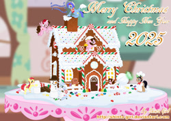 Size: 1600x1132 | Tagged: safe, artist:shinta-girl, oc, oc:frozen rose, oc:joshka, oc:paper bag, oc:shinta pony, oc:taekwon magic, angel, angel pony, original species, aaron pony, food, gingerbread (food), gingerbread house, group