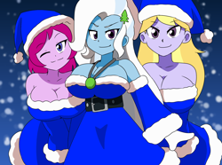 Size: 2144x1599 | Tagged: safe, artist:aokushan, edit, fuchsia blush, lavender lace, trixie, equestria girls, g4, christmas, holiday, trixie and the illusions