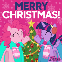 Size: 2160x2160 | Tagged: safe, artist:zslnews, pinkie pie, twilight sparkle, alicorn, earth pony, g4, christmas, christmas tree, clothes, earmuffs, eyes closed, female, holiday, merry christmas, scarf, tree, twilight sparkle (alicorn)