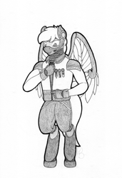 Size: 2140x3120 | Tagged: safe, artist:parallel black, part of a set, oc, oc:cyber, pony, robot, robot pony, anthro, clothes, commission, male, medal, simple background, solo, stallion, traditional art, white background, wings