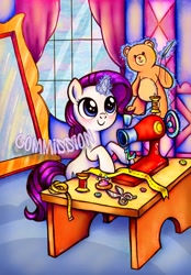 Size: 1420x2044 | Tagged: safe, artist:dariarchangel, rarity, pony, unicorn, g4, adorable face, bipedal, blue eyes, blue sky, blushing, button, c:, carousel boutique, cloud, commission, curtains, cute, cute face, cute smile, daaaaaaaaaaaw, detailed background, female, filly, filly rarity, glowing, glowing horn, hnnng, horn, indoors, levitation, looking up, magic, magic aura, measuring tape, mirror, obtrusive watermark, pins, plushie, purple hair, purple mane, purple tail, raribetes, rarity being rarity, ribbon, scissors, seamstress, sewing, sewing machine, sewing needle, sky, small horn, smiling, smol, solo, sweet dreams fuel, table, tail, teddy bear, telekinesis, traditional art, watermark, weapons-grade cute, white coat, window, younger