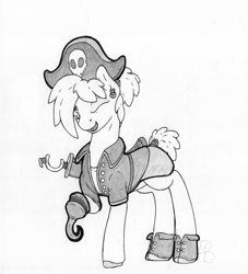 Size: 2140x2360 | Tagged: safe, artist:parallel black, part of a set, oc, oc:moonshot, earth pony, clothes, commission, costume, ear piercing, earring, female, hat, hook, jewelry, mare, one eye closed, piercing, pirate, pirate hat, simple background, solo, sword, traditional art, weapon, white background, wink