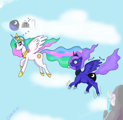 Size: 2701x2637 | Tagged: safe, artist:glacialfeather, princess celestia, princess luna, alicorn, pony, g4, blushing, canterlot, cloud, crown, duo, duo female, ethereal mane, ethereal tail, fat, female, flying, hoof shoes, jewelry, mare, outdoors, princess moonpig, regalia, royal sisters, siblings, sisters, starry mane, starry tail, story, story included, tail, the ass was fat