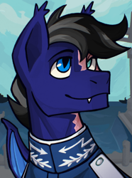 Size: 1040x1400 | Tagged: safe, artist:bunnyshrubby, oc, oc only, oc:crescent helm, bat pony, pony, equestria at war mod, admiral, bat pony oc, burn marks, burned, bust, clothes, digital art, fangs, male, military, military uniform, ocean, portrait, smiling, solo, uniform, water