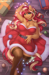 Size: 1250x1932 | Tagged: safe, artist:nightskrill, sunset shimmer, unicorn, anthro, unguligrade anthro, g4, breasts, busty sunset shimmer, chest fluff, christmas, christmas lights, clothes, dress, female, hand on belly, hearth's warming, hearth's warming eve, holiday, holly, horn, looking at you, lying down, on back, smiling, smiling at you, solo, solo female