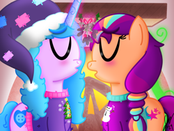 Size: 2160x1620 | Tagged: safe, artist:jesslmc16, izzy moonbow, sunny starscout, earth pony, pony, unicorn, g5, blushing, clothes, crystal brighthouse, cutie mark, duo, duo female, eyes closed, female, fireplace, hat, holiday, horn, lesbian, magic, mane stripe sunny, mare, mistletoe, ship:moonscout, shipping, snow, snowflake, snowman, sweater, tree