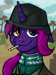 Size: 1040x1400 | Tagged: safe, artist:bunnyshrubby, oc, oc only, oc:danger close, pony, unicorn, equestria at war mod, binoculars, bust, camouflage, chiropterra, cigarette, clothes, digital art, female, helmet, heterochromia, horn, lieutenant colonel, looking at you, mare, military, military uniform, new characters for equestria at war, new characters for equestria at war mod, outdoors, portrait, scar, smiling, smiling at you, smoking, solo, stalhelm, unicorn oc, uniform