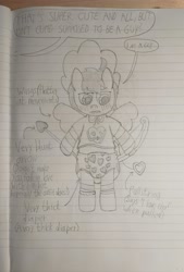 Size: 2752x4081 | Tagged: safe, artist:snowflakepone, oc, oc:salvey, annoyed, arrow, bipedal, bonnet, bow, clothes, cupid, dialogue box, diaper, diaper fetish, doll, dollie, dollified, fetish, humiliation, inanimate tf, male, offscreen character, shirt, sketch, socks, stallion, standing, traditional art, transformation