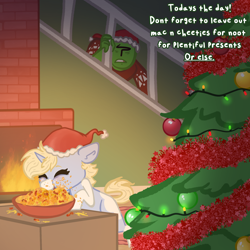 Size: 2000x2000 | Tagged: safe, artist:nootaz, oc, oc:anon, oc:nootaz, human, pony, unicorn, cheese, christmas, christmas sweater, christmas tree, clothes, duo, duo male and female, eating, eyes closed, female, fireplace, food, holiday, horn, macaroni, macaroni and cheese, male, mare, pasta, sweater, text, tree