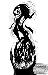 Size: 1238x1942 | Tagged: safe, artist:tiska, oc, oc only, earth pony, pony, fire, monochrome, smoke, solo