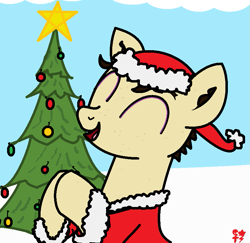 Size: 813x789 | Tagged: safe, artist:atomgatherer, derpibooru exclusive, oc, oc only, oc:atom gatherer, earth pony, pony, christmas, christmas tree, clothes, costume, hat, holiday, hooves together, merry christmas, santa costume, santa hat, smiling, solo, tree