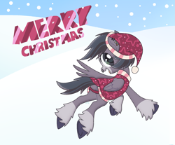 Size: 1723x1430 | Tagged: safe, artist:doodlesinky, oc, oc only, oc:inky doodles, pegasus, blaze (coat marking), christmas, christmas card, coat markings, facial markings, freckles, hat, holiday, looking at you, looking back, merry christmas, pegasus oc, rug, santa hat, scenery, snow, snowfall, text, unshorn fetlocks, wings, winter