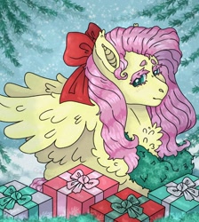 Size: 1300x1450 | Tagged: safe, artist:cluterdrop, fluttershy, pegasus, pony, g4, bat ears, bow, chest fluff, christmas, christmas wreath, female, hair bow, holiday, lidded eyes, looking at you, mare, present, smiling, smiling at you, snow, solo, wreath