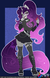 Size: 792x1224 | Tagged: safe, artist:inkkeystudios, oc, oc only, oc:wispy nebula, unicorn, anthro, plantigrade anthro, boots, clothes, ethereal mane, horn, horn piercing, long hair, long tail, piercing, shoes, skirt, socks, solo, tail, thigh highs, unicorn oc