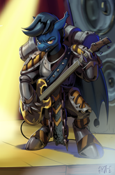 Size: 1253x1903 | Tagged: safe, alternate version, artist:brdte, oc, oc only, oc:atin nyamic, bat pony, armor, bass guitar, bat pony oc, chaos, chaos space marine, crossover, hazard stripes, iron warriors, male, musical instrument, power armor, solo, solo male, space marine, space marine pony, speaker, spotlight, stage, warhammer (game), warhammer 40k