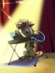 Size: 1097x1454 | Tagged: safe, artist:brdte, oc, oc only, oc:easy peasy, unicorn, fallout equestria, curtains, headband, horn, keyboard, punk, spiked wristband, stage, synth, unicorn oc, wristband