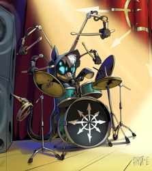 Size: 1332x1491 | Tagged: safe, artist:brdte, oc, oc only, oc:gear works, cyborg, cyborg pony, pony, augmentation, chaos, chaos star, clothes, crossover, curtains, cymbals, drums, drumsticks, hood, mask, musical instrument, robe, robotic arm, servo arm, speaker, stage, tambourine, techpriest, warhammer (game), warhammer 40k