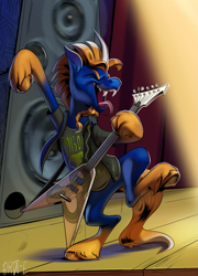 Size: 1119x1555 | Tagged: safe, alternate version, oc, oc only, oc:venomous stray, unicorn, clothes, curtains, fangs, guitar, horn, jacket, long tongue, musical instrument, shirt, speaker, stage, t-shirt, tongue out, unicorn oc