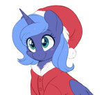 Size: 678x624 | Tagged: safe, artist:higglytownhero, princess luna, alicorn, pony, g4, blushing, bust, christmas, clothes, costume, cute, female, half body, hat, holiday, horn, looking up, lunabetes, mare, s1 luna, santa costume, santa hat, simple background, smiling, solo, white background, wings