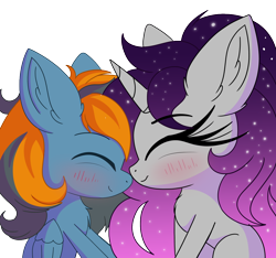 Size: 1100x1030 | Tagged: safe, artist:windykirin, oc, oc only, oc:skittle, oc:wispy nebula, pegasus, pony, unicorn, cute, horn, nuzzling, ocbetes, pegasus oc, shipping, tiny, tiny ponies, unicorn oc