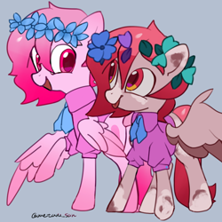 Size: 4096x4096 | Tagged: safe, artist:metaruscarlet, oc, oc only, oc:metaru scarlet, pegasus, pony, clothes, flower, flower in hair, leaves, leaves in hair, looking at each other, looking at someone, open mouth, pegasus oc, ponysona, raised hoof, simple background, spotted, tongue out, wings