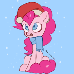 Size: 4096x4096 | Tagged: safe, artist:metaruscarlet, pinkie pie, earth pony, pony, g4, blue background, christmas, clothes, hat, holiday, santa hat, scarf, simple background, snow, snowfall, solo, tongue out