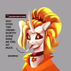 Size: 3600x3600 | Tagged: safe, artist:poxy_boxy, oc, oc:dyx, alicorn, pony, bust, cigarette, colored sclera, dialogue, female, gray background, looking at you, mare, older, older dyx, simple background, smoking, solo, talking to viewer