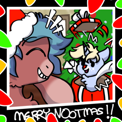 Size: 900x900 | Tagged: safe, artist:key, oc, oc:blitz razorwind, oc:nootaz, pegasus, unicorn, christmas, christmas lights, christmas tree, cute, hat, holiday, horn, jumping out of a box, laughing, nootmas, santa hat, tree