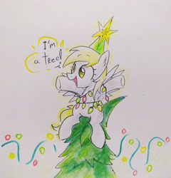 Size: 3932x4096 | Tagged: safe, artist:mirio_p2, derpy hooves, pegasus, pony, g4, christmas, christmas lights, christmas tree, colored, derpy star, female, full body, full color, holiday, mare, open mouth, open smile, outstretched arms, smiling, solo, text, traditional art, tree