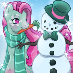 Size: 2400x2400 | Tagged: safe, artist:sparkytopia, minty, earth pony, pony, g3, carrot, closed mouth, clothes, female, food, green coat, mare, mouth hold, outdoors, pink eyes, pink mane, scarf, signature, snow, snowflake, snowman, solo, striped scarf, winter minty