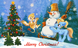 Size: 5168x3183 | Tagged: safe, artist:sofiko-ko, derpibooru exclusive, oc, oc only, oc:beaky, oc:brave blossom, griffon, pegasus, pony, broom, christmas, christmas tree, cute, duo, female, griffon oc, happy, high res, holiday, male, mother and child, mother and son, night, postcard, sled, snow, snowman, tree, winter