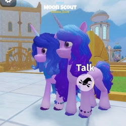 Size: 1106x1106 | Tagged: safe, izzy moonbow, oc, pony, unicorn, g5, my little pony: bridlewood rp, 3d, bracelet, duo, duo female, female, friendship bracelet, horn, jewelry, looking offscreen, not izzy moonbow, outdoors, roblox, roleplay, side view, unicorn oc, video game, zephyr heights