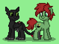 Size: 316x236 | Tagged: safe, dragon, earth pony, night fury, pony, pony town, amputee, duo, duo male, green background, hiccup horrendous the third, how to train your dragon, male, ponified, prosthetic leg, prosthetic limb, prosthetic tail, prosthetics, simple background, species swap, toothless the dragon