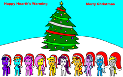 Size: 2450x1534 | Tagged: safe, applejack, derpy hooves, fluttershy, pinkie pie, rainbow dash, rarity, starlight glimmer, sunset shimmer, trixie, twilight sparkle, g4, christmas, christmas tree, hat, hearth's warming, holiday, santa hat, snow, tree