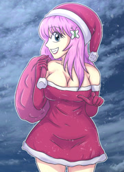 Size: 2100x2900 | Tagged: safe, artist:sumin6301, fluttershy, butterfly, human, equestria girls, g4, 2d, breasts, busty fluttershy, christmas, christmas outfit, cleavage, clothes, cloud, costume, eyeshadow, female, hairclip, hat, holiday, legs, lipstick, looking at you, makeup, outdoors, pointing, pointing at you, santa costume, santa hat, sky, smiling, smiling at you, snow, solo