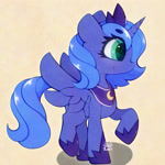 Size: 3000x3000 | Tagged: safe, artist:zokkili, princess luna, alicorn, pony, g4, crown, eye clipping through hair, eyebrows, eyebrows visible through hair, female, filly, filly luna, hoof shoes, horn, jewelry, peytral, princess shoes, raised hoof, raised leg, regalia, smiling, solo, spread wings, standing on two hooves, wings, woona, younger