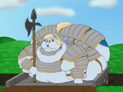 Size: 1667x1250 | Tagged: safe, artist:thewindking, oc, oc only, oc:firm stance, earth pony, pony, armor, bridge, chubby cheeks, clothes, double chin, fat, halberd, huge butt, impossibly large butt, large belly, large butt, obese, simple bg, tight clothing, unfitting armor, weapon