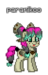 Size: 204x320 | Tagged: safe, artist:princess ice color twinkle, oc, oc:paranikoo, pegasus, pony, pony town, blapon, bow, ear accessory, female, jewelry, loomed mane, loomed tail, mare, necklace, ponytail, soil colored skin, three toned mane, three toned tail