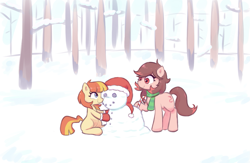 Size: 1365x889 | Tagged: safe, artist:deerie, oc, oc only, oc:aimless, oc:wormy, earth pony, pony, candy, candy cane, christmas, clothes, female, filly, foal, food, forest, gloves, hat, holiday, mare, nature, santa hat, scarf, sitting, smiling, snow, snowmare, standing, tree