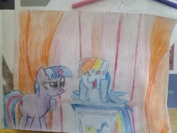 Size: 4096x3072 | Tagged: safe, artist:victoric1993, rainbow dash, twilight sparkle, pegasus, pony, unicorn, applebuck season, g4, my little pony: friendship is magic, cute, dashabetes, dashface, horn, meme, pedestal, scene interpretation, so awesome, traditional art, unamused