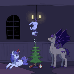 Size: 1159x1166 | Tagged: safe, artist:paskanaakka, derpibooru exclusive, oc, oc only, oc:dartwing, oc:dusklight dewdrop, oc:midnight dew, unicorn, alternate timeline, christmas, christmas tree, female, filly, foal, holiday, horn, male, mare, nightmare takeover timeline, parents and child, stallion, tree, unshorn fetlocks