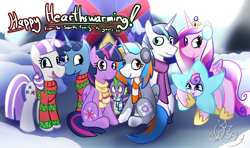 Size: 2000x1183 | Tagged: safe, artist:ossilia flawol, night light, princess cadance, princess flurry heart, shining armor, spike, twilight sparkle, twilight velvet, oc, oc:portal bump, alicorn, g4, my little pony best gift ever, my little pony: friendship is magic, alicorn oc, canon x oc, christmas sweater, clothes, companion cube, crown, earmuffs, family, family photo, female, group photo, hearth's warming, horn, jewelry, lesbian, male, portal (valve), regalia, scarf, ship:portalsparkle, ship:shiningcadance, shipping, snow, sparkle family, star flurry heart, straight, sweater, twilight sparkle (alicorn), twilight's castle, wings, winter outfit