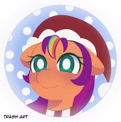 Size: 2028x2048 | Tagged: safe, artist:eltrash_art6, sunny starscout, earth pony, pony, g5, blushing, christmas, clothes, cute, female, hat, holiday, icon, mare, santa hat, scarf, snow, solo, sunnybetes